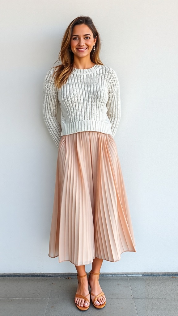 A woman wearing a cropped white sweater and a pleated midi skirt, smiling against a plain background.