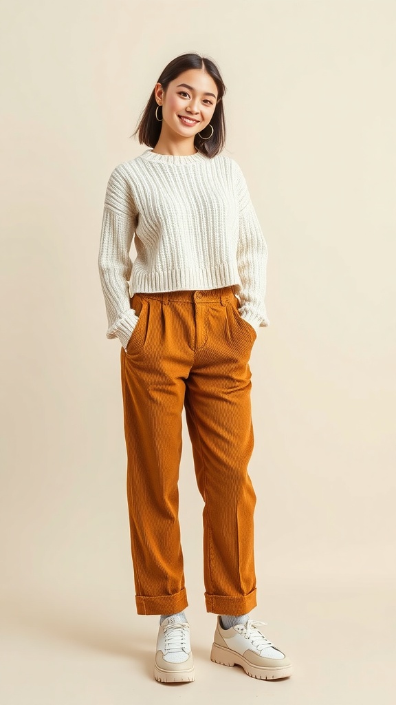 A woman wearing a cropped sweater and high-waisted corduroy pants, smiling against a neutral background.