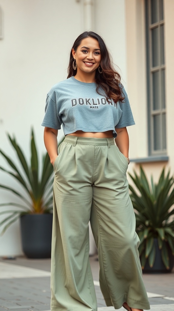 A midsize girl wearing a cropped blue tee and wide-leg green trousers, smiling outdoors.