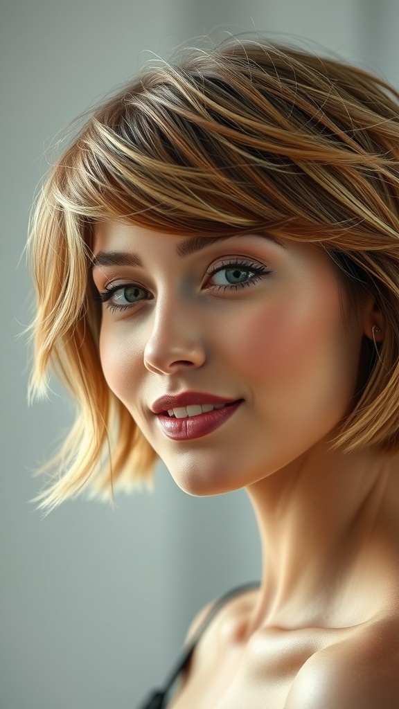 A woman with cropped waves and champagne highlights, showcasing a stylish short brown hairstyle.
