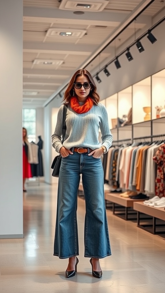A woman wearing light-wash culotte jeans, a cozy sweater, and an orange scarf, accessorized with oversized sunglasses and a chic belt.