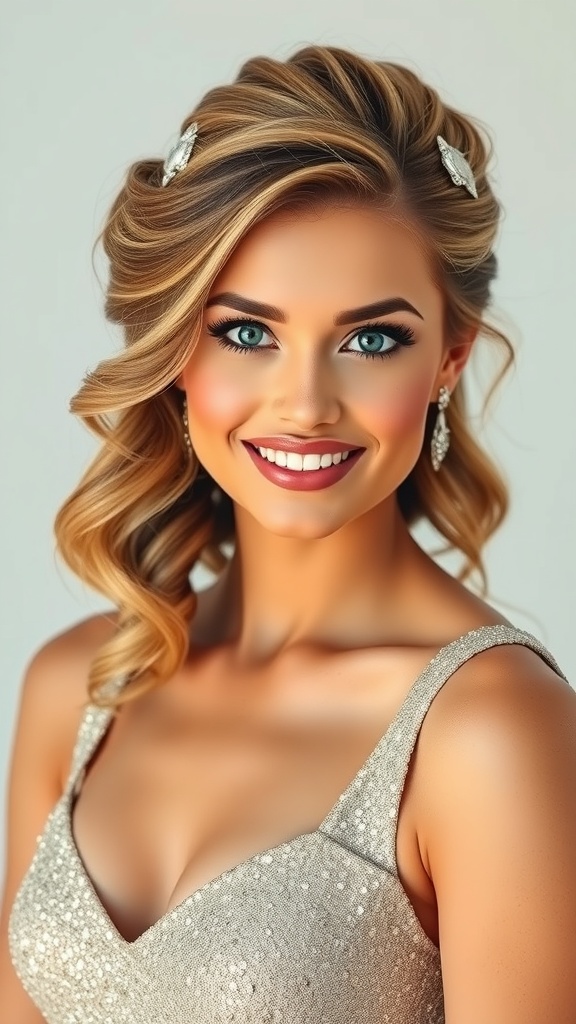 A woman with curled half-up crown hairstyle, wearing a sparkling dress and earrings, smiling confidently.