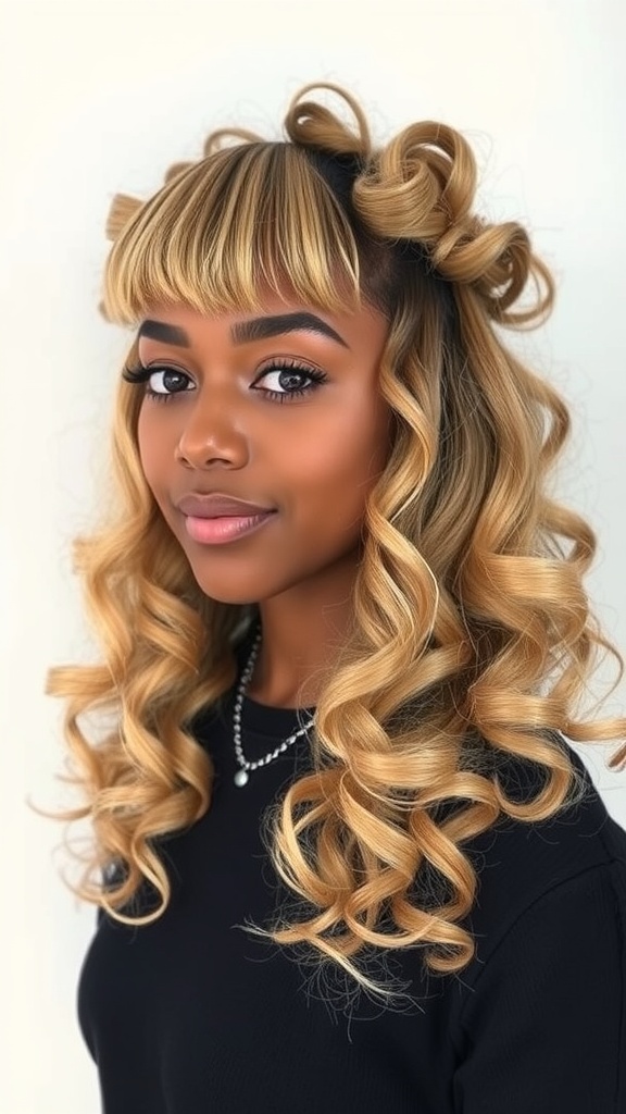 A woman with curly bangs and loose curls, showcasing a stylish hairstyle.