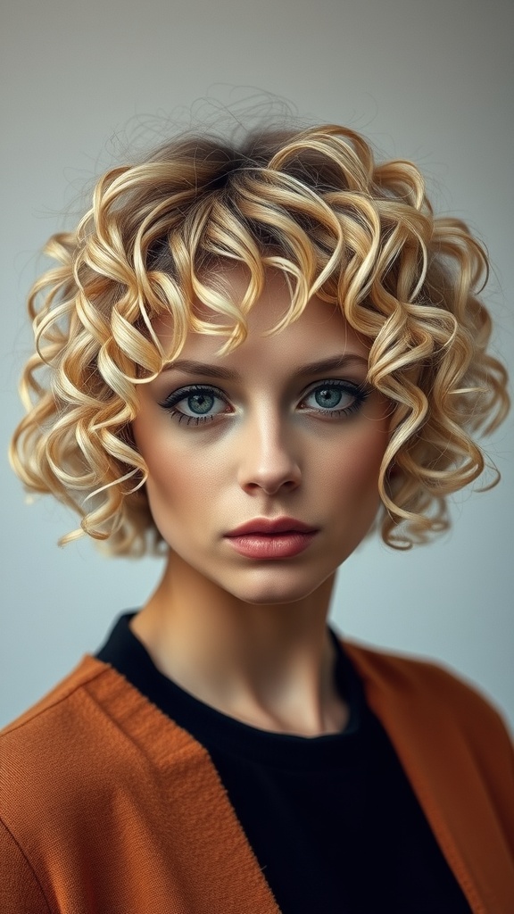 A woman with a curly blonde bob hairstyle, featuring layered volume, looking directly at the camera.