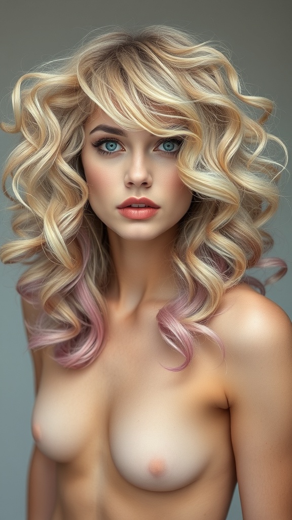 A model with curly blonde hair featuring hidden pink streaks, showcasing a soft glam look.