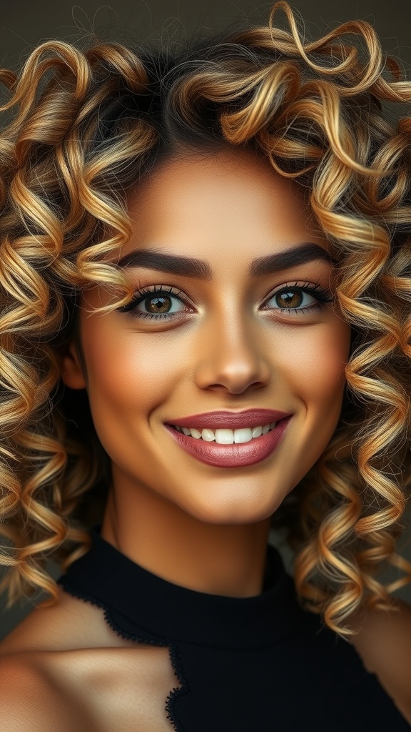 A woman with curly blonde hair featuring chocolate lowlights, smiling confidently.