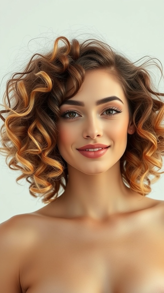 A woman with a curly bob hairstyle featuring blonde balayage on brown hair, smiling at the camera.