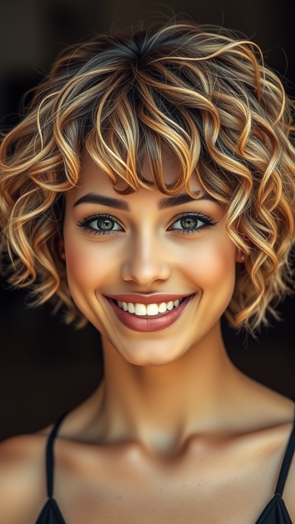 A smiling woman with a curly bob hairstyle featuring blonde highlights on dark hair.