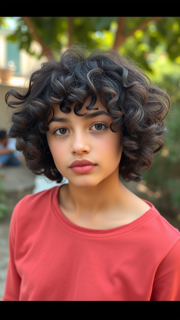 A young person with a curly bob hairstyle featuring defined ringlets, wearing a red top.