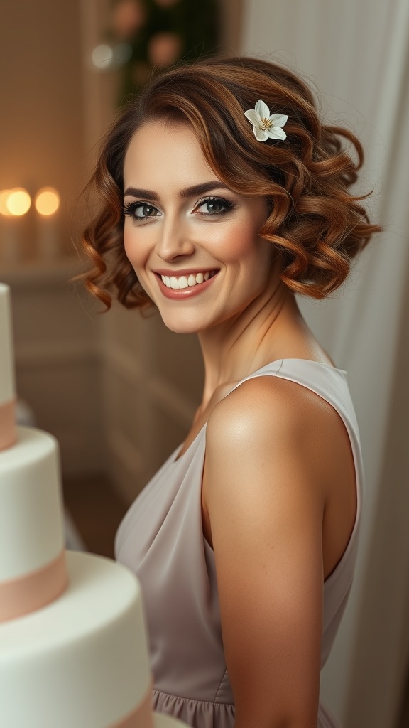 A smiling woman with a curly bob hairstyle adorned with a floral clip, standing near a wedding cake.