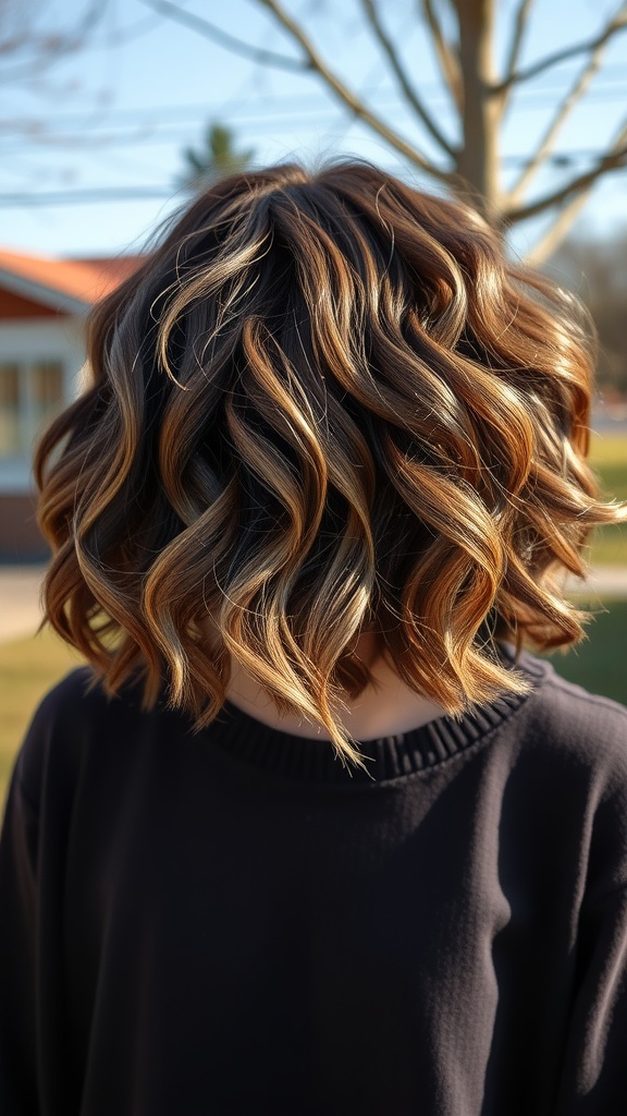 A curly bob hairstyle with light chocolate highlights, showcasing soft curls and a natural glow.