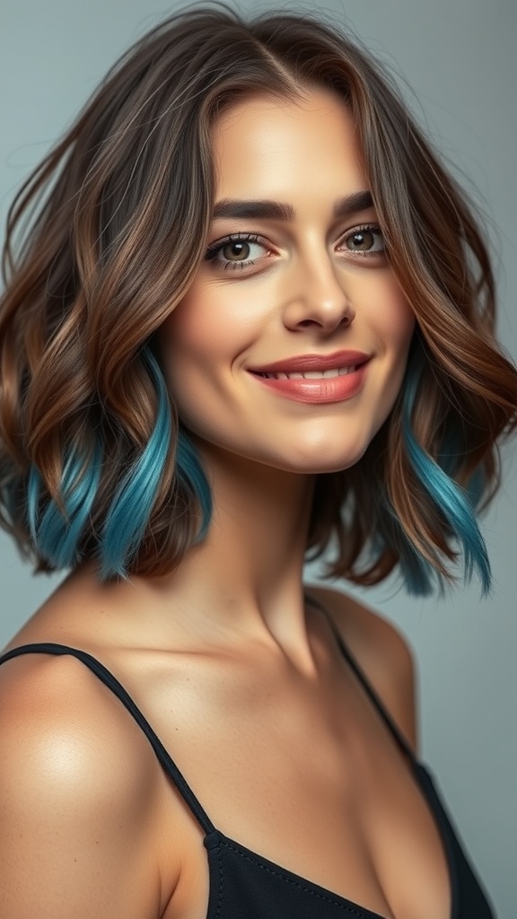 A woman with curly brown hair featuring electric blue tips, smiling at the camera.