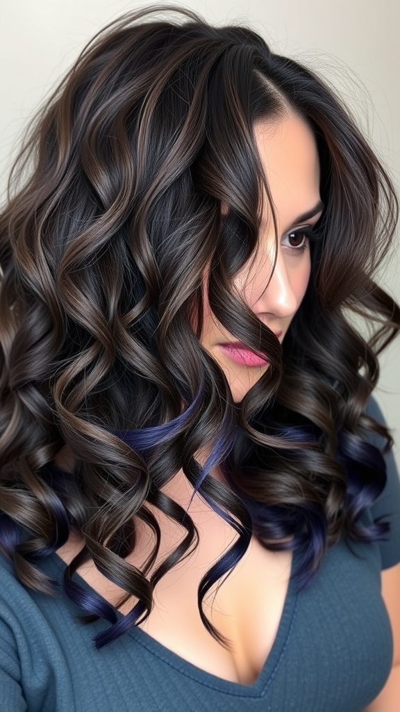 A woman with curly brown hair featuring indigo blue highlights, smiling brightly.