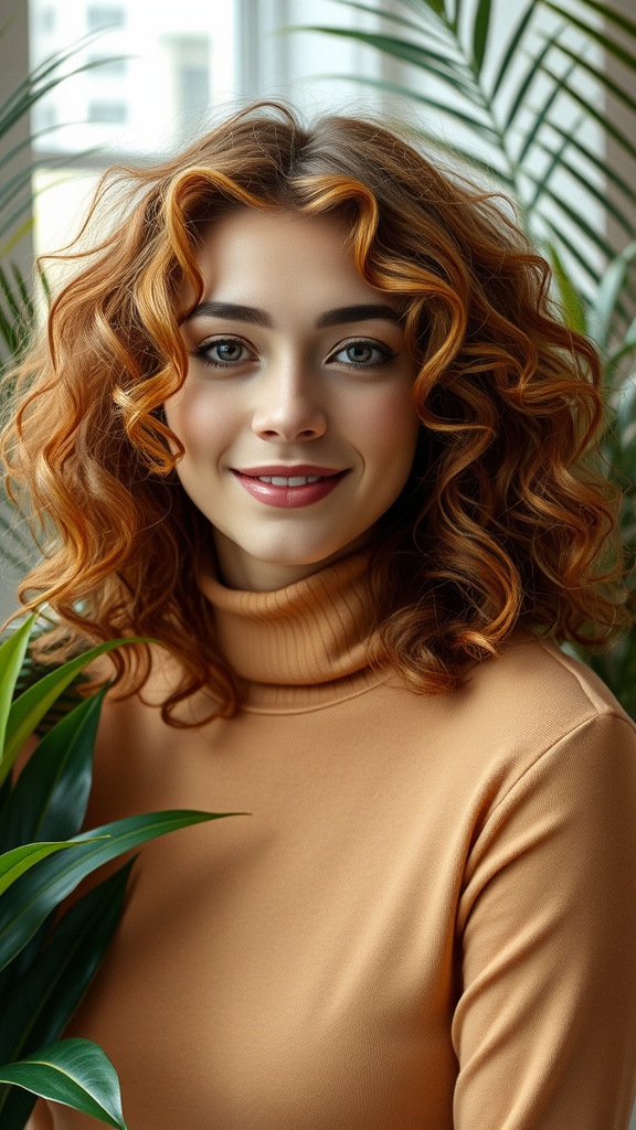A woman with curly cinnamon hair wearing a turtleneck, surrounded by plants.
