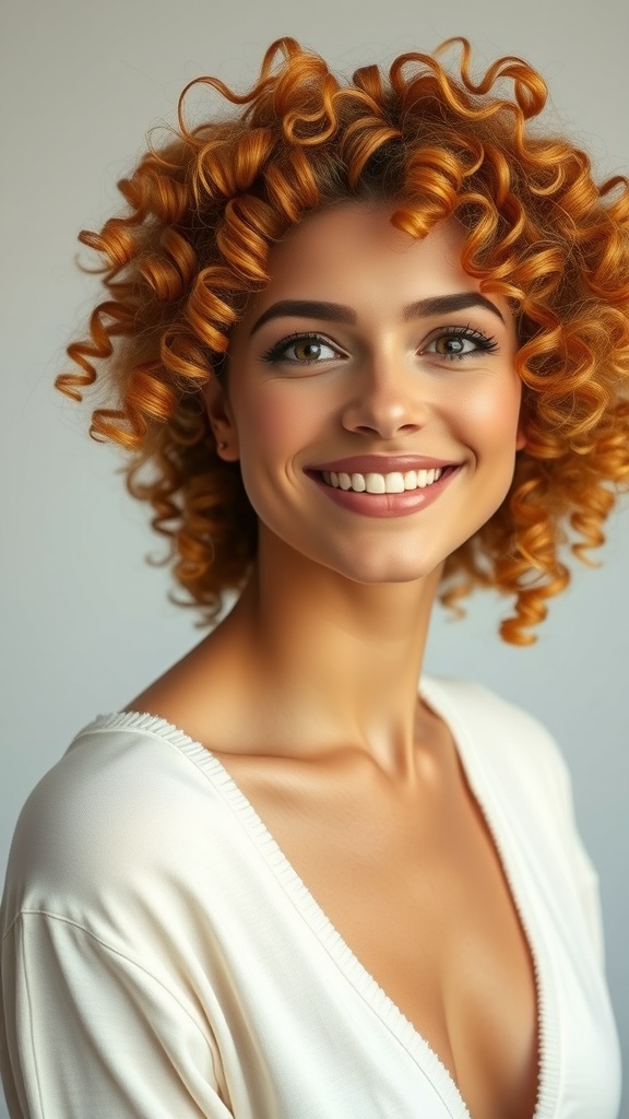 A woman with curly copper hair and blonde highlights, smiling brightly.