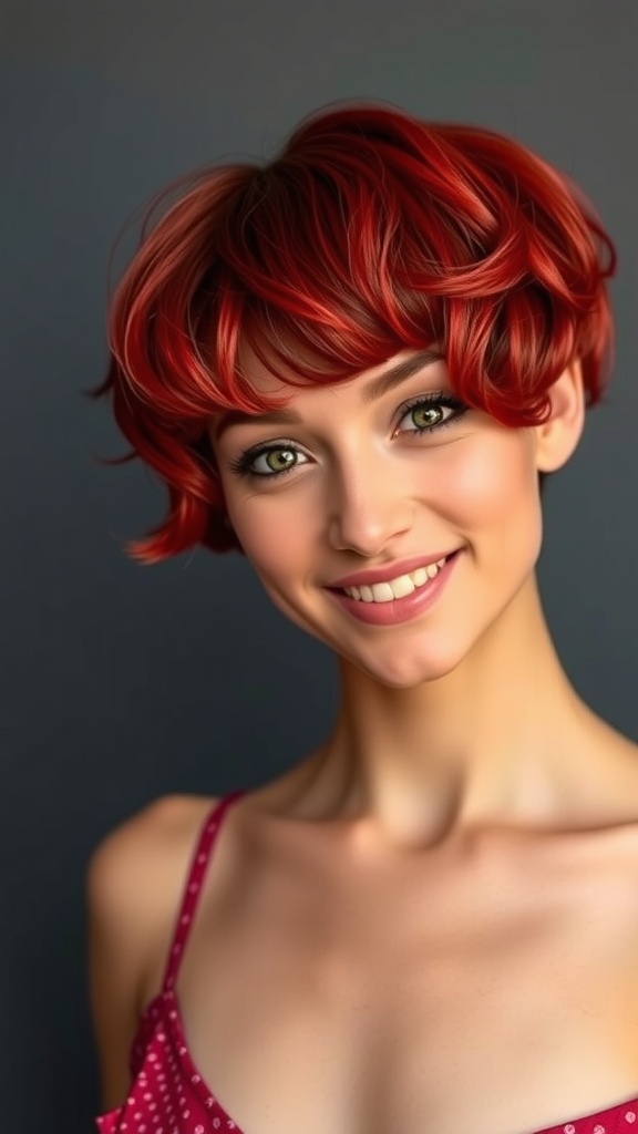 A young woman with a curly crimson bob hairstyle, smiling at the camera.