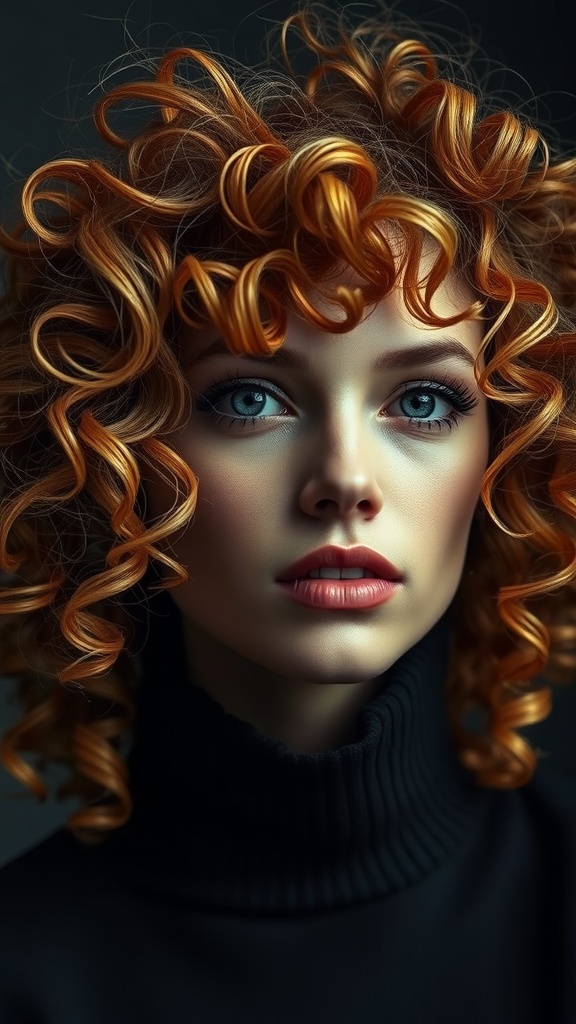 A close-up of a woman with curly ginger hair featuring blonde spiral accents, showcasing vibrant colors and texture.