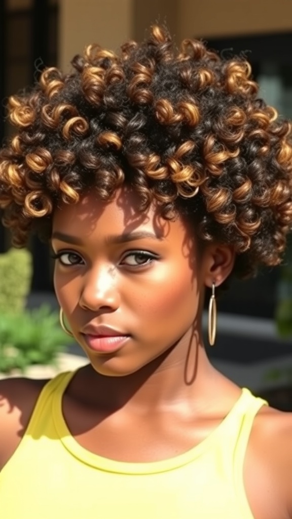 A woman with a curly pixie cut featuring highlighted tips, wearing a yellow top.
