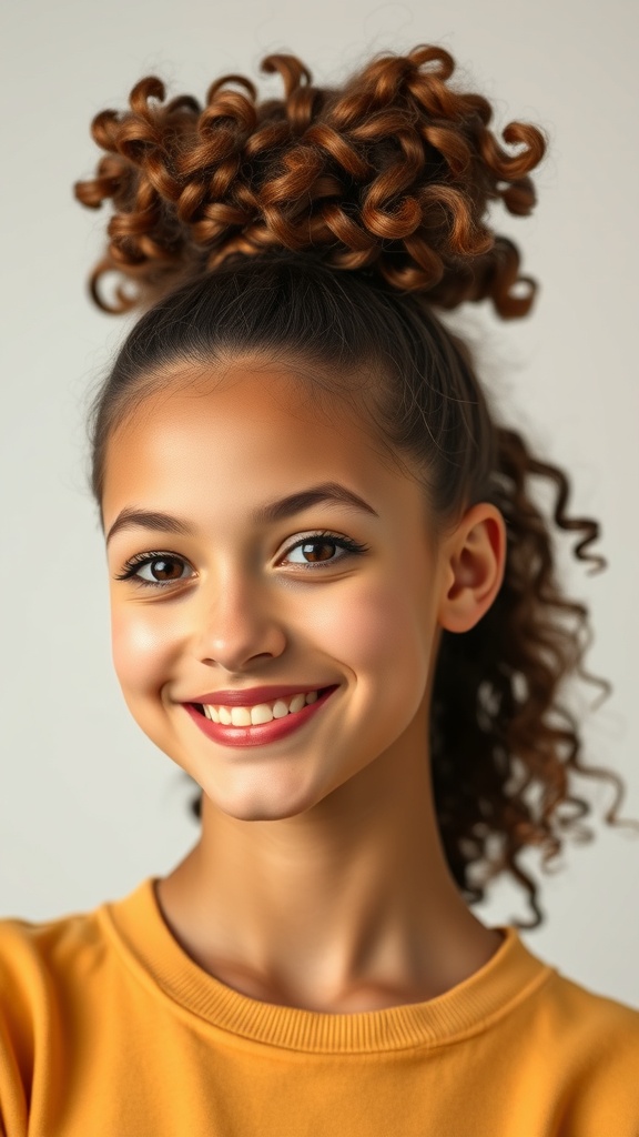 A girl with a curly puff ponytail, smiling brightly.