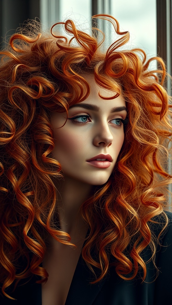 A woman with curly red hair featuring subtle blonde highlights, showcasing a vibrant and textured hairstyle.