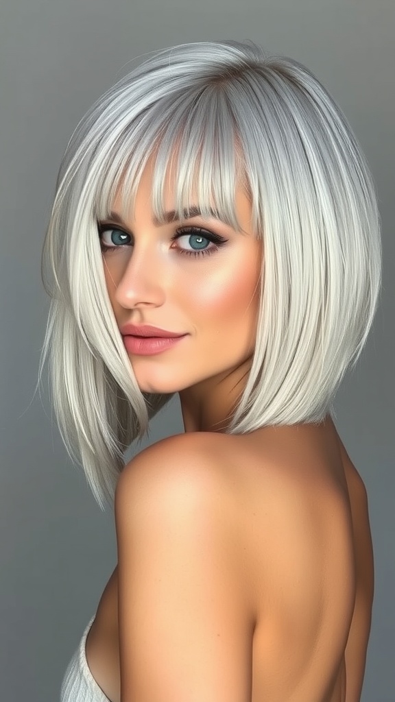 A woman with silver blonde hair and curtain bangs, showcasing a modern glam hairstyle.