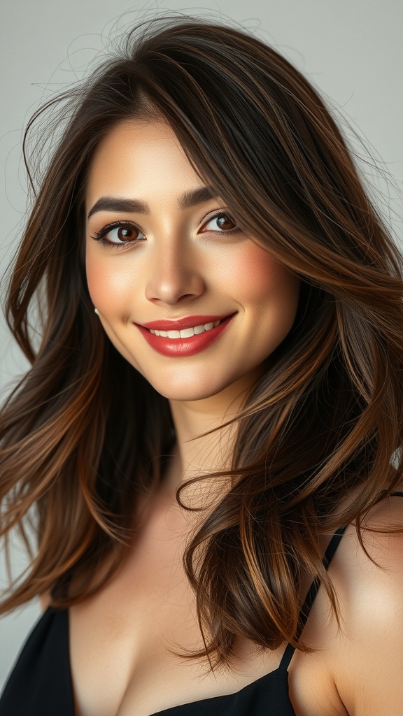 A woman with medium length hair featuring curtain bangs and layered ends, smiling at the camera.