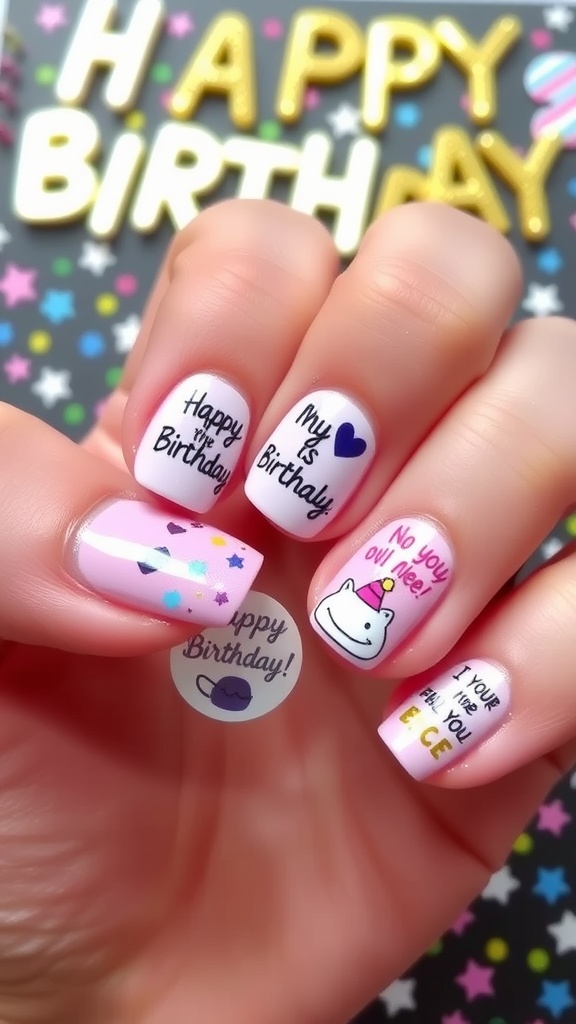 Colorful birthday-themed nails with customizable stickers
