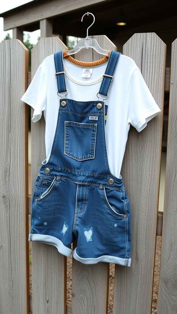 Denim overalls hanging on a fence with a white graphic tee underneath.