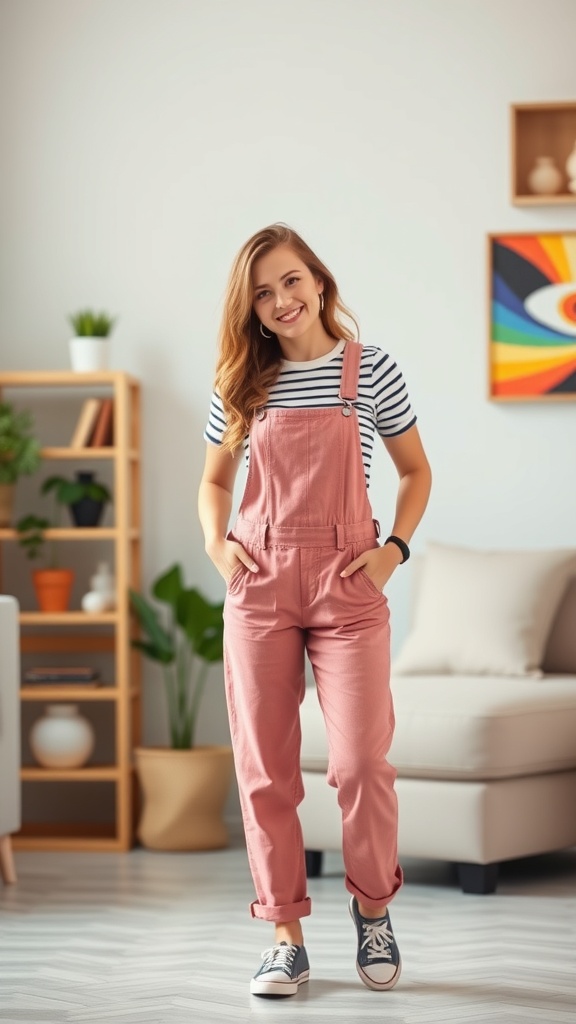 A person wearing pink overalls with a striped top, standing in a bright room