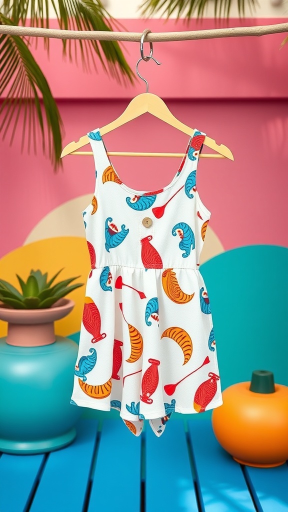 A colorful playsuit with fun prints hanging on a clothesline against a vibrant background.
