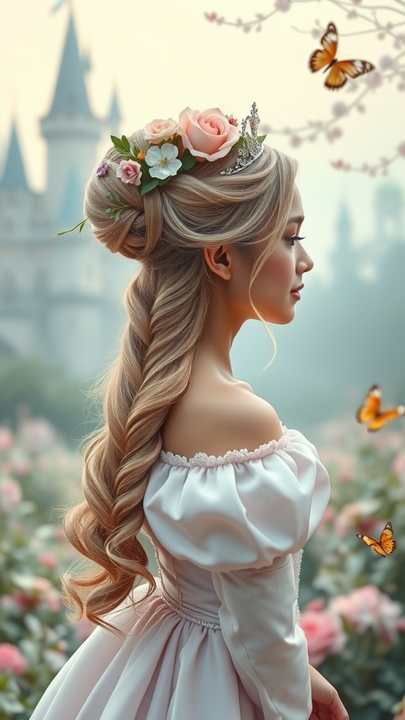 A woman with a dainty twisted bun adorned with flowers, wearing a romantic dress, set against a dreamy background.