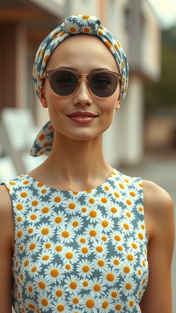 A woman wearing a daisy print shift dress and a matching headscarf, showcasing a retro fashion look.