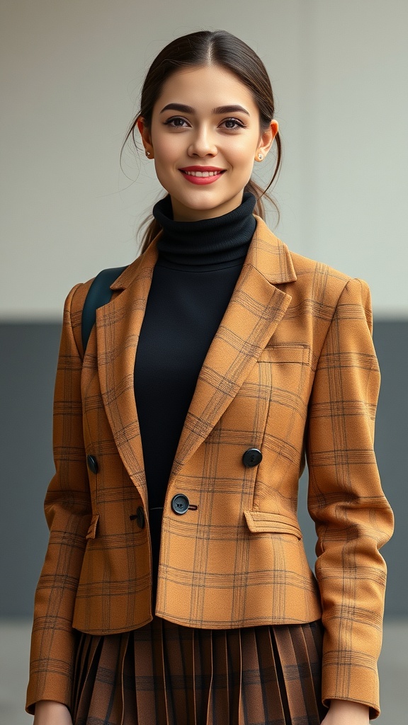 A woman wearing a plaid blazer over a black turtleneck, smiling confidently.