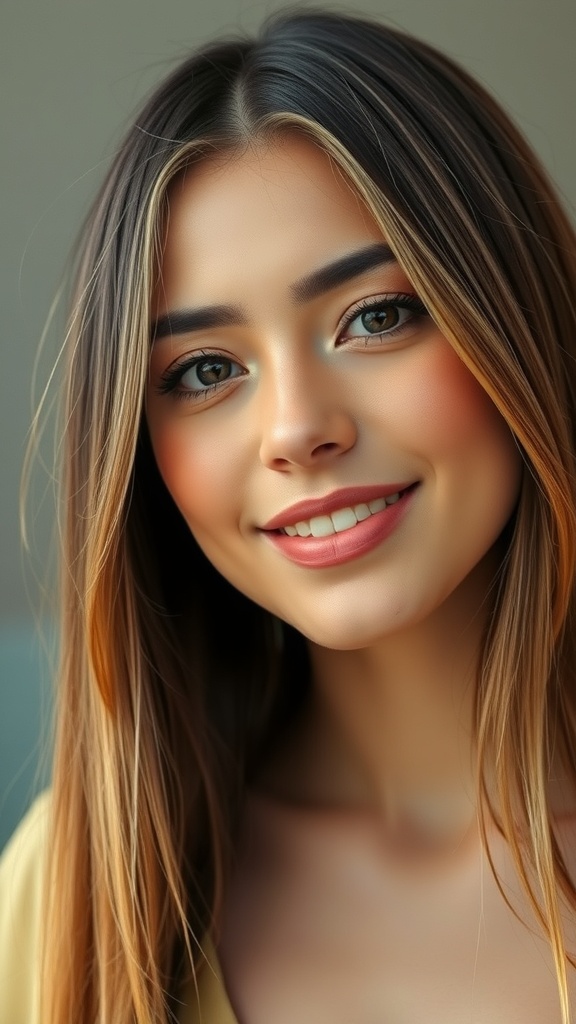 A woman with dark blonde hair and chestnut ends, smiling softly.
