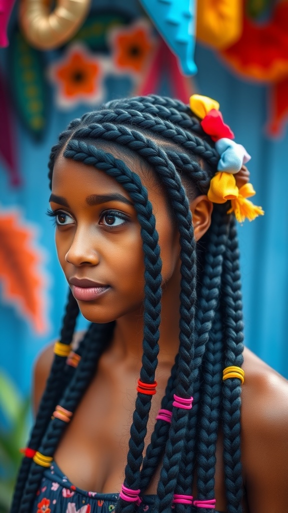 A person with dark blue braids adorned with colorful hair ties, set against a vibrant background.