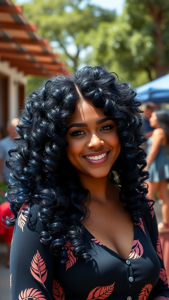 A woman with dark blue curly hair smiling outdoors