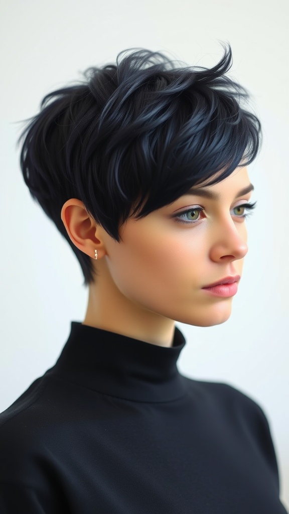 A close-up of a woman with a dark blue pixie cut, showcasing her stylish and modern hairstyle.