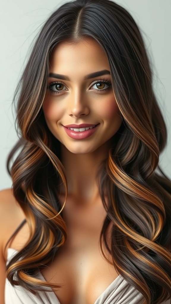 A woman with dark brunette hair featuring caramel highlights styled in soft waves.