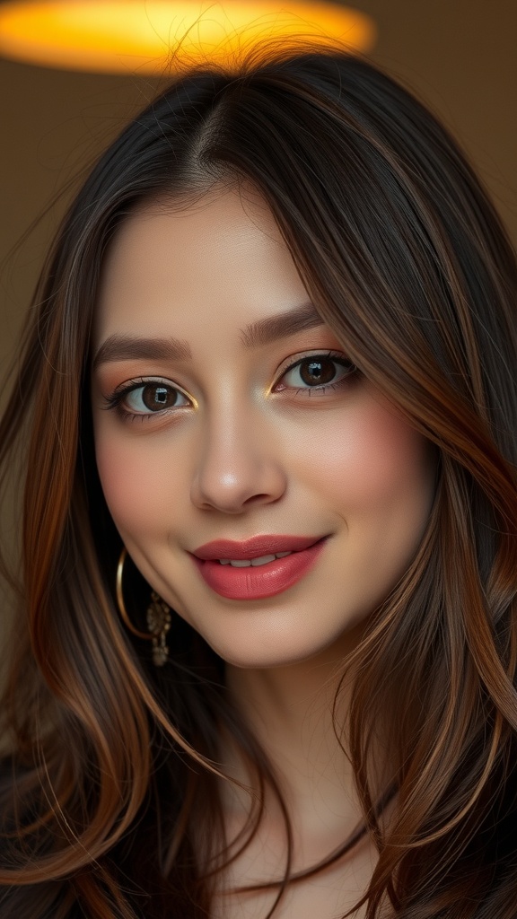 A close-up of a woman with dark brunette hair featuring subtle copper highlights, showcasing a warm and inviting fall hair color.