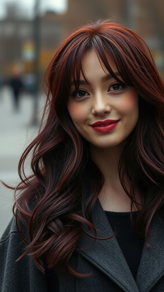 A woman with dark cherry red hair styled in waves and curtain bangs, smiling in a city setting.