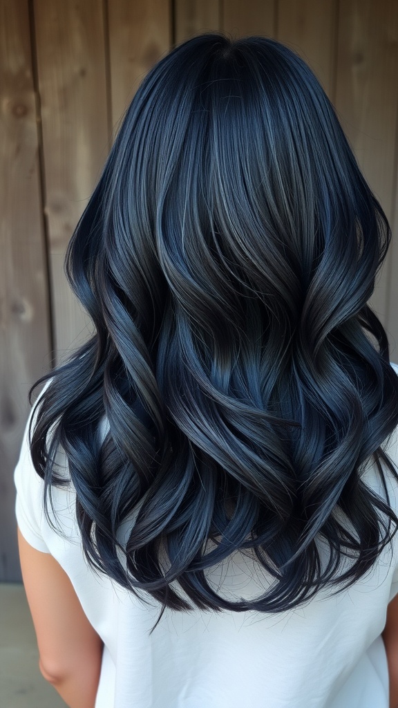 A woman with dark denim blue layered hair styled in soft waves.