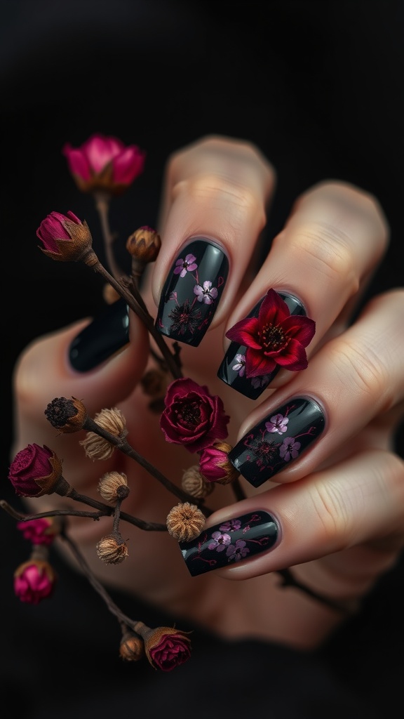 Nails painted matte black with dark floral designs, featuring deep red and pink flowers.