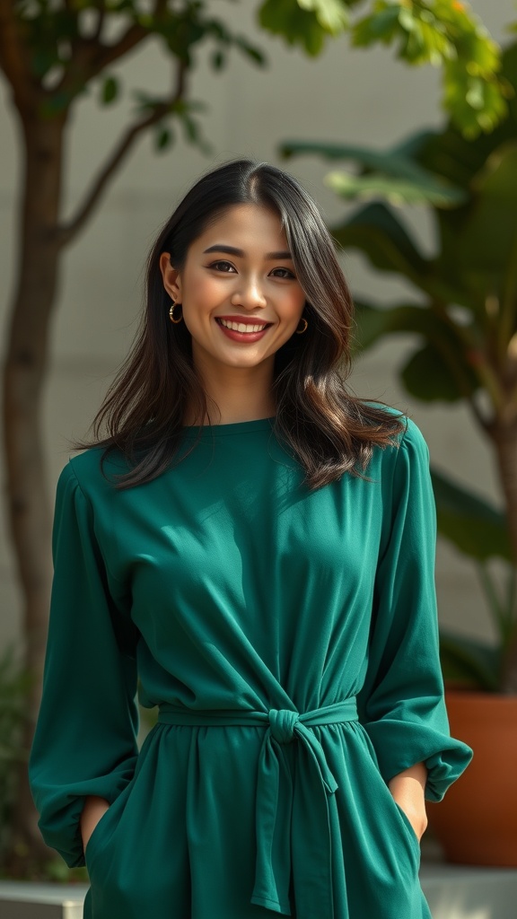A woman wearing a dark green long sleeve dress with a front tie, smiling in a lush outdoor setting.