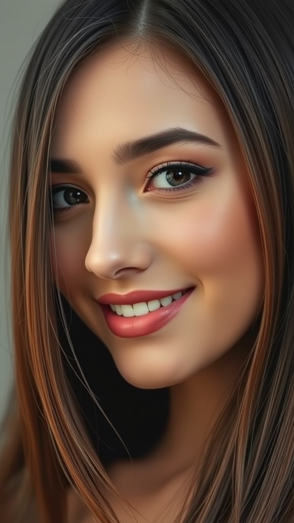 A woman with dark hair featuring auburn face-framing highlights, smiling warmly.