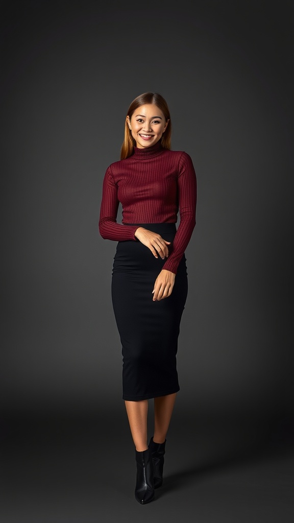 A woman wearing a dark red mesh long sleeve top and a black midi skirt, smiling against a dark background.