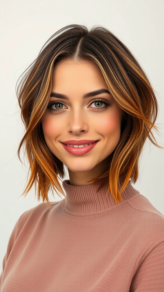 A woman with a deep brunette shag haircut featuring auburn balayage highlights, smiling at the camera.