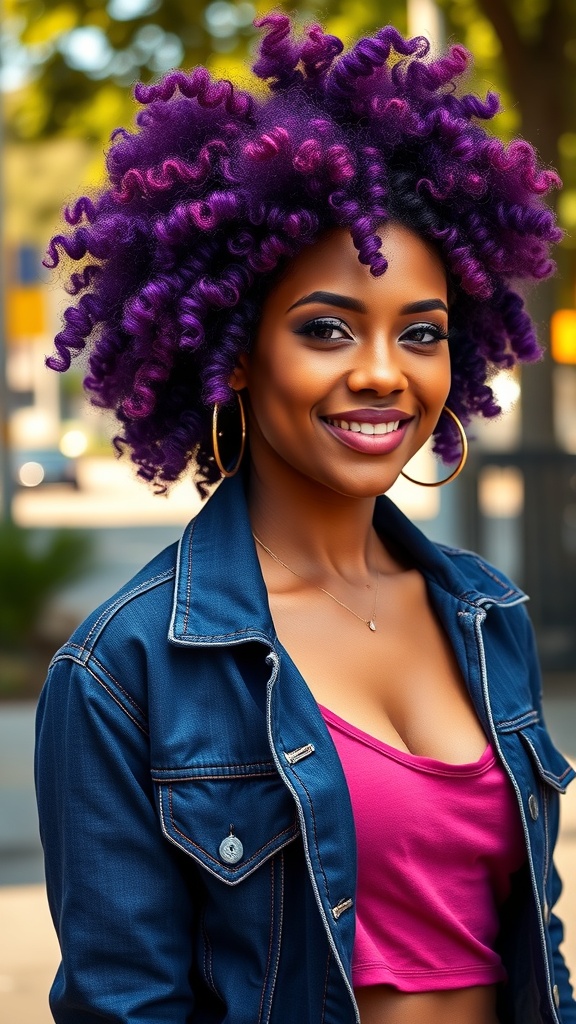 A woman with deep burgundy curly hair, smiling and wearing a denim jacket and a pink top.