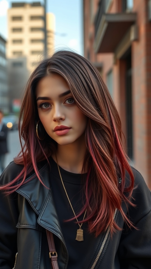 A woman with deep burgundy hair styled in soft curls, showcasing a rich hair color in an elegant setting.