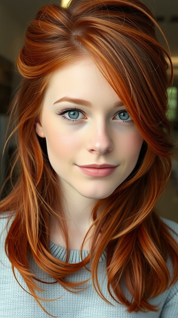 A woman with deep copper hair and caramel tips, showcasing a warm and rich hair color.