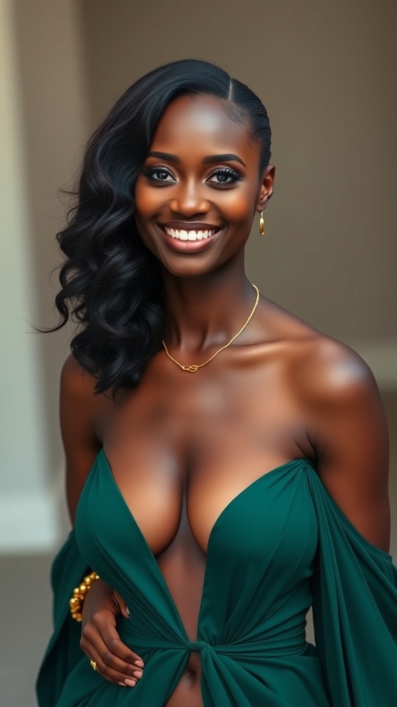 A woman smiling while wearing a deep V maxi dress with a side slit, showcasing elegance and confidence.